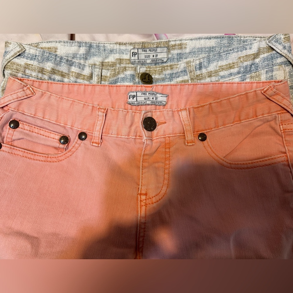 2x Size 27 free people ankle zip jeans, coral and green-white-brown ikat pattern